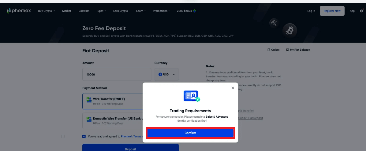 Giunsa ang Pagdeposito sa Phemex